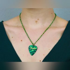 Green Fender Beaded Guitar Pick Necklace